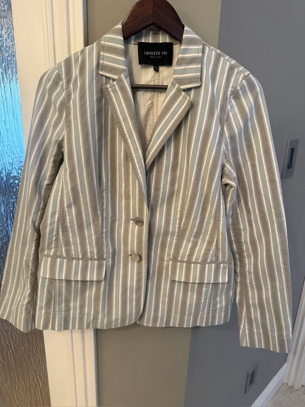 Lafayette 148 New York Striped Blazer Jacket Size 8 Blue White Cotton Blend